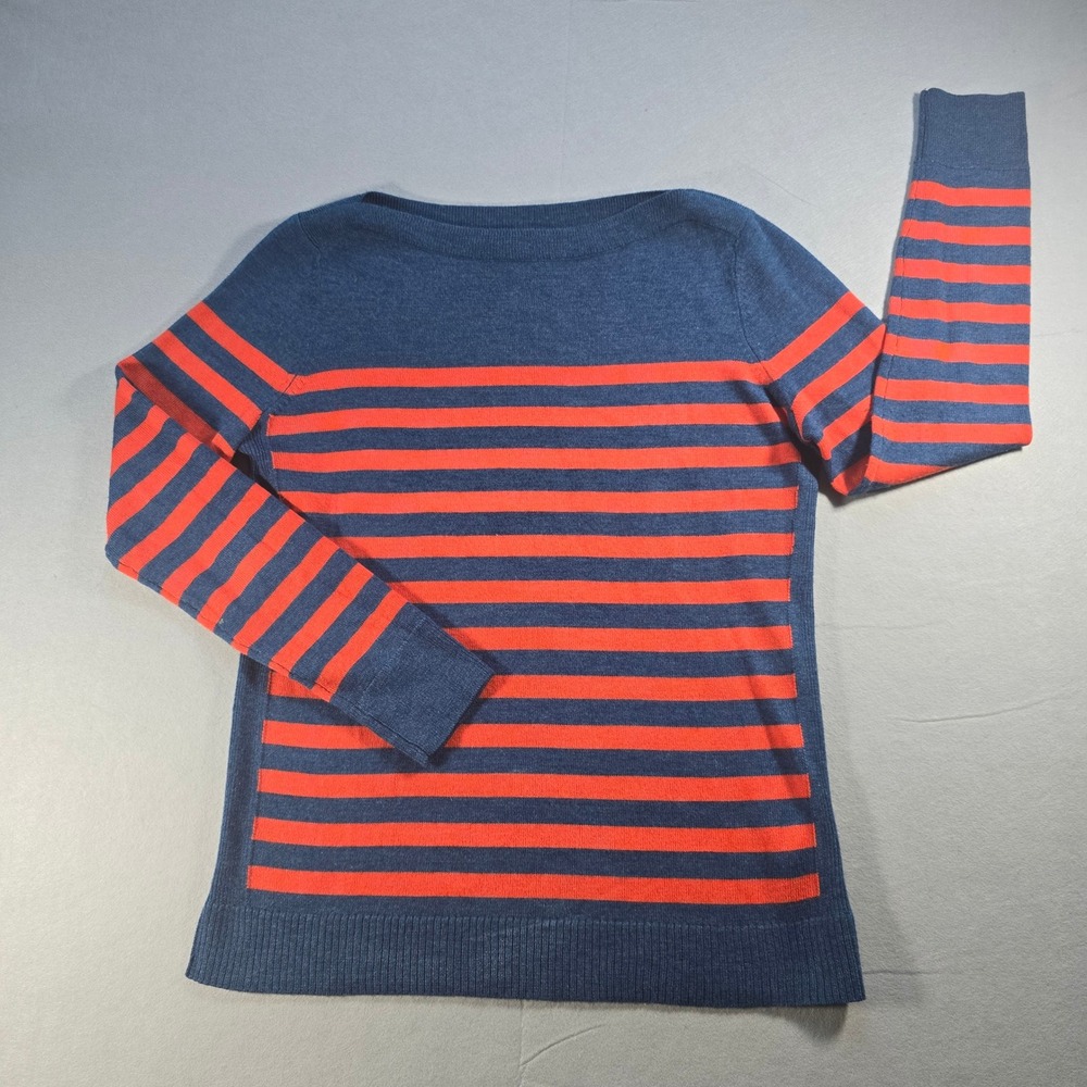 Talbots Pure Merino Wool Stripe Sweater Small Blue Orange Boat Neck Knit Classic